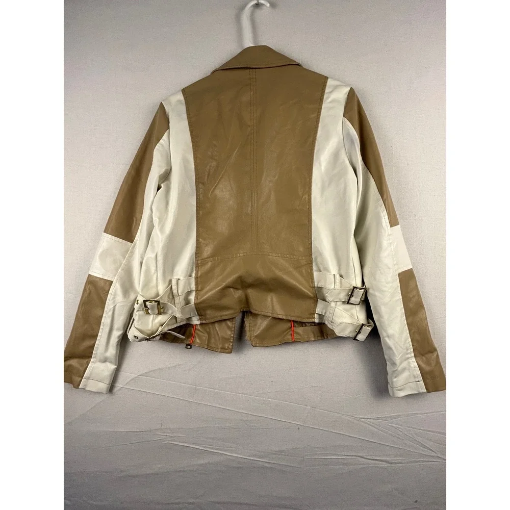 Steve Madden Tan Cream Colorblock Faux Leather Moto Jacket Gold Hardware Medium